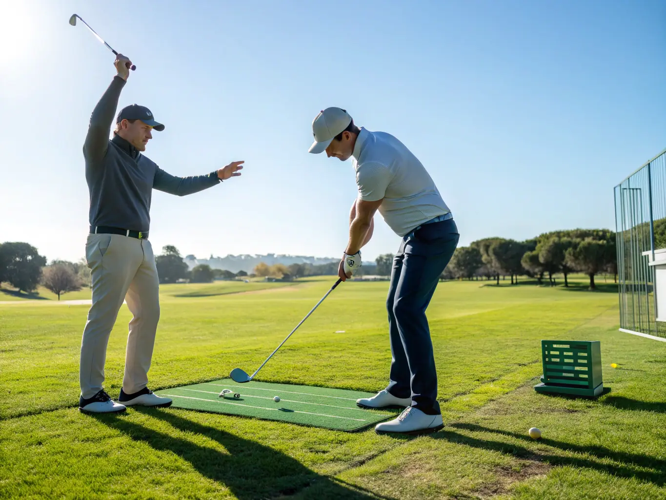 A dynamic image of a group of adult golfers participating in a training session, with a coach providing personalized feedback on their swing technique.