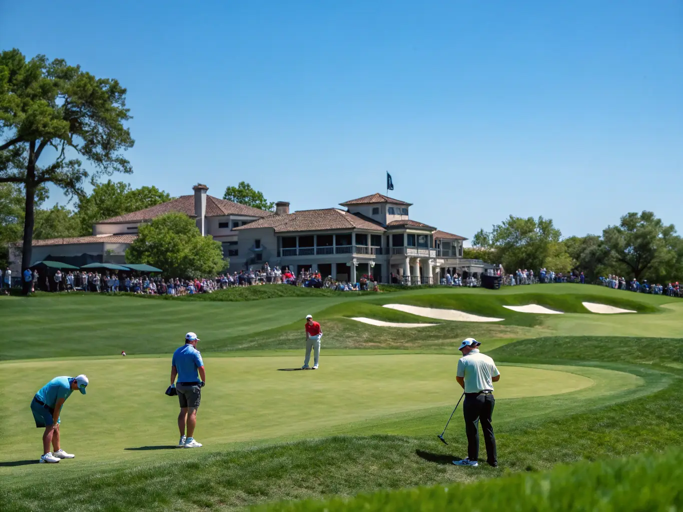 A dynamic image of a group of adult golfers participating in a competitive tournament, showcasing various skill levels and the camaraderie of the event.