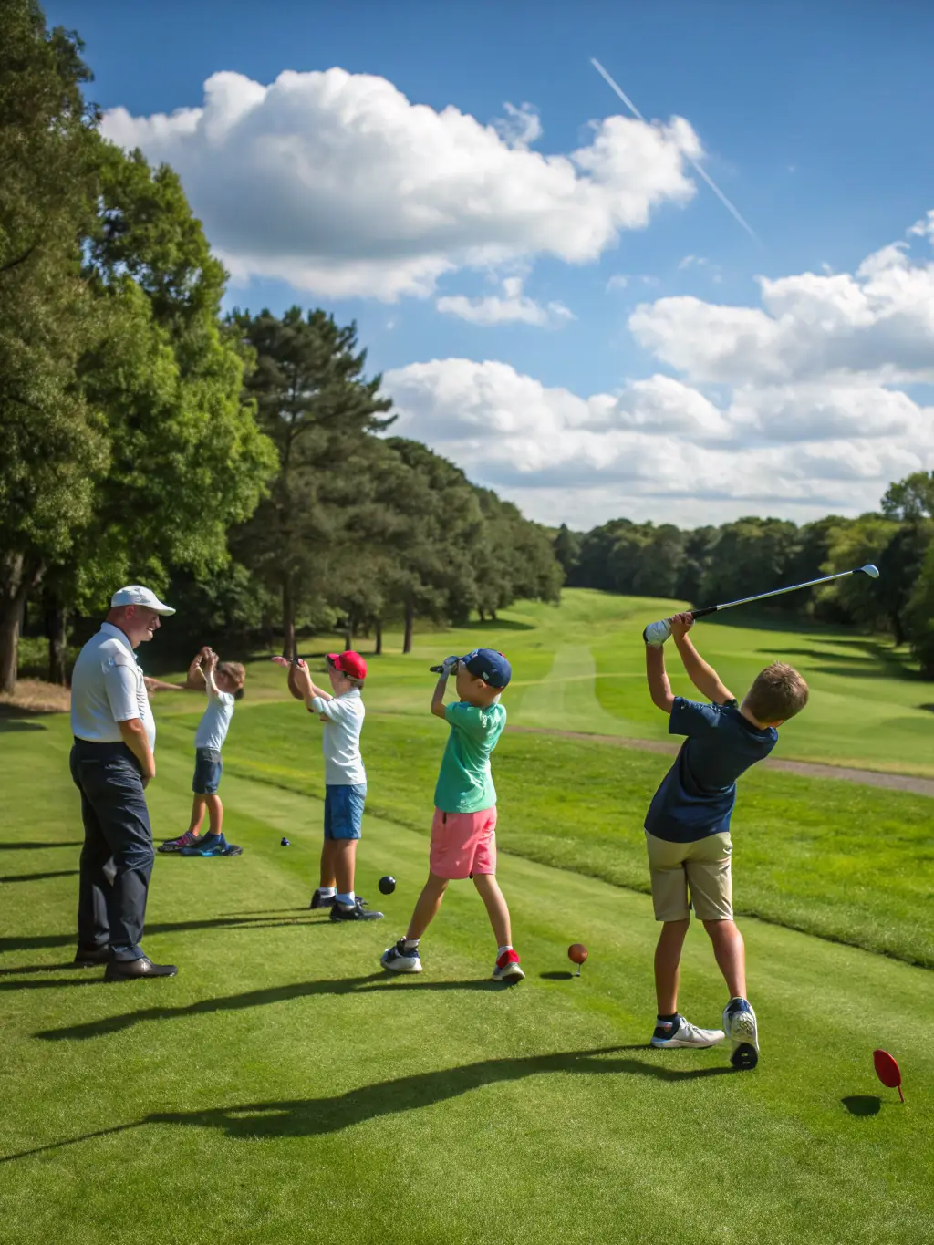 A group of young golfers participating in a junior golf clinic on a sunny day, with a coach demonstrating proper swing techniques.