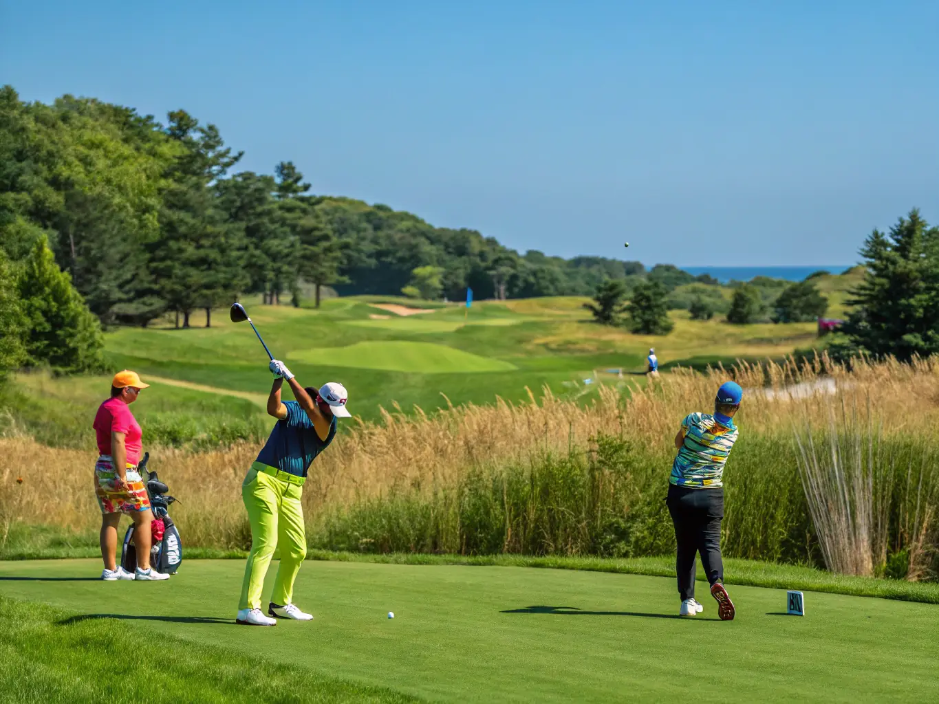 A group of diverse golfers laughing and enjoying a sunny day on the golf course, showcasing the social aspect of ASGC.