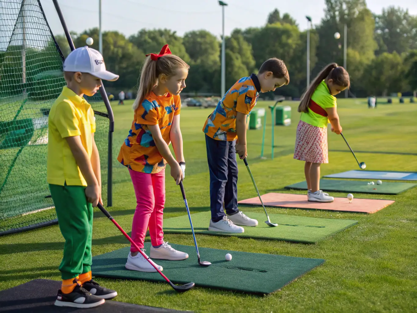 A vibrant image of a junior golf clinic in session, with children learning the basics of golf under the guidance of an instructor, set against the backdrop of a sunny golf course.