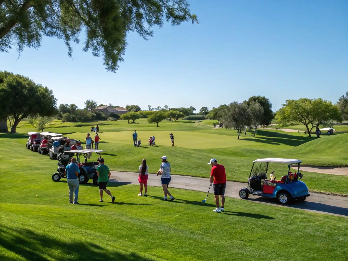 A serene image of a group of senior golfers enjoying a leisurely round of golf, emphasizing the social and health benefits of the sport for older adults.