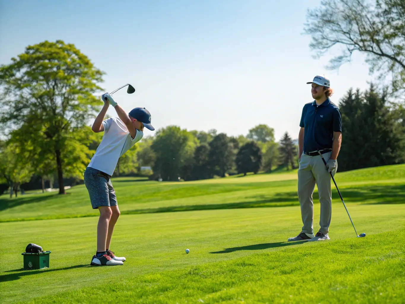 A vibrant image of a junior golf clinic in session, with children learning the basics of golf under the guidance of a certified instructor, set against the backdrop of a sunny golf course.