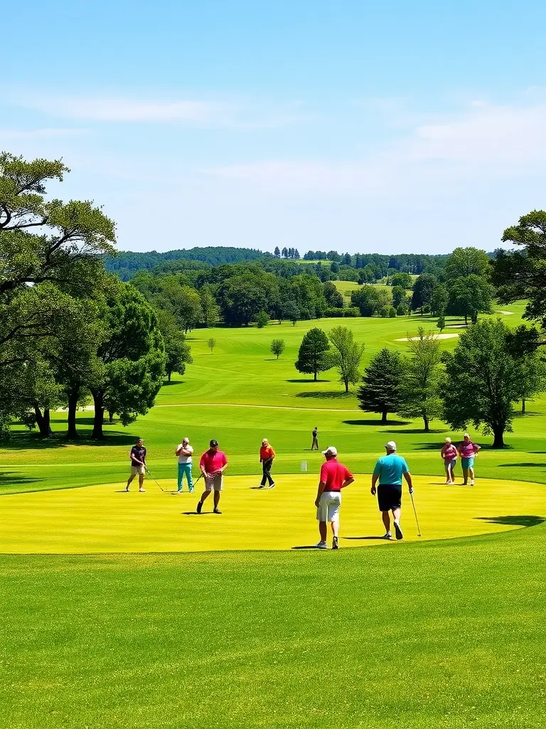 A scenic view of a golf course during a friendly tournament, with golfers of all ages and skill levels participating.